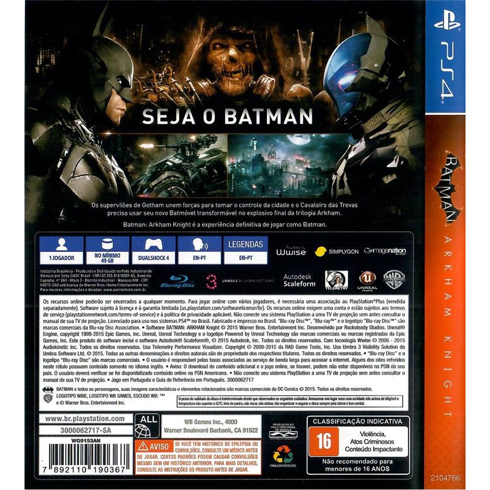 Batman Arkham Knight Ps4 (Playstation Hits) (Seminovo) (Jogo Mídia Física)  - Arena Games - Loja Geek